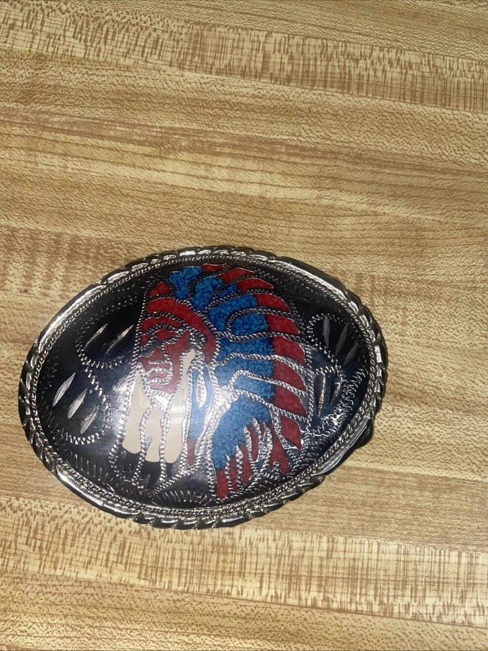 1988 Native American War Bonnet Belt Buckle Inlaid Turquoise Coral Sunset Trails